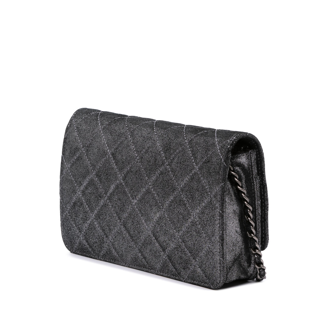 Quilted Iridescent Lambskin Tartan Button Wallet On Chain Silver - Gaby Paris