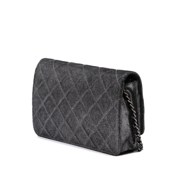 Quilted Iridescent Lambskin Tartan Button Wallet On Chain Silver - Gaby Paris