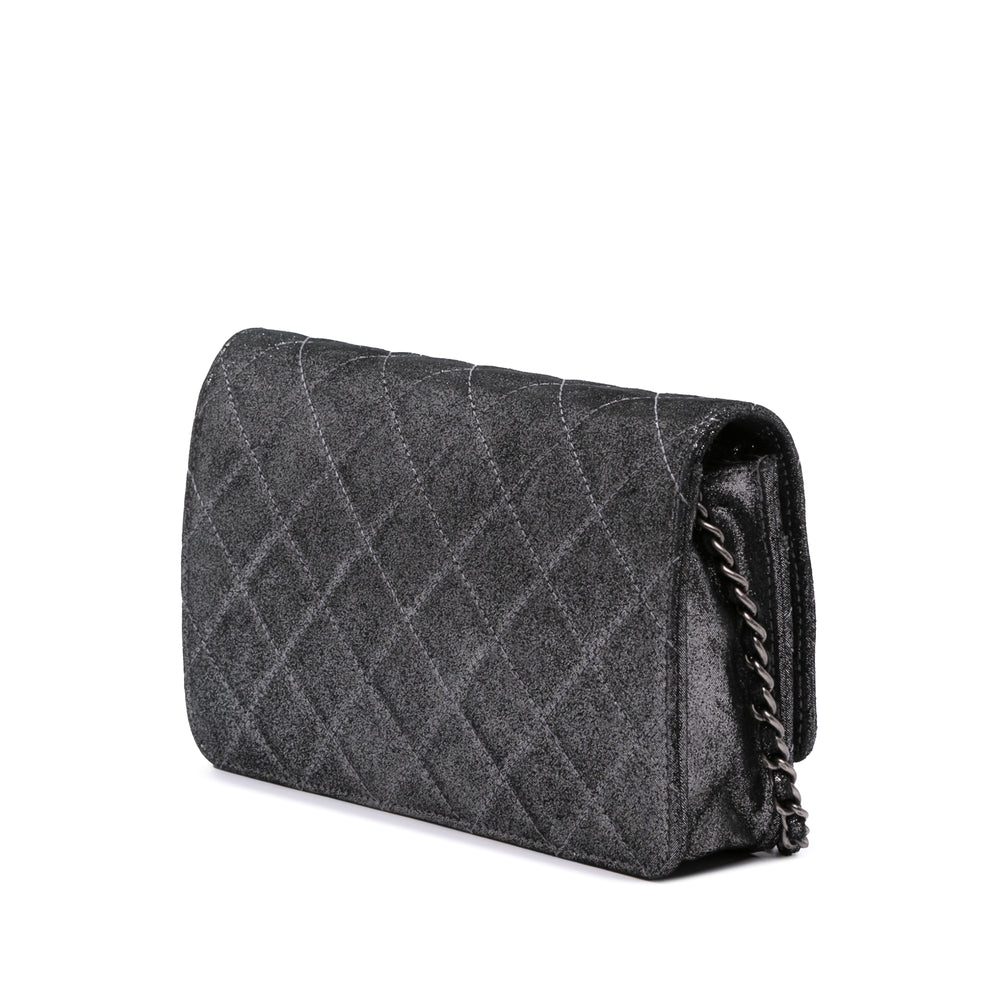 Quilted Iridescent Lambskin Tartan Button Wallet On Chain Silver - Gaby Paris
