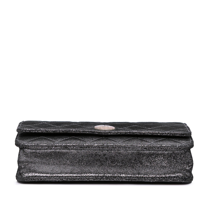 Quilted Iridescent Lambskin Tartan Button Wallet On Chain Silver - Gaby Paris