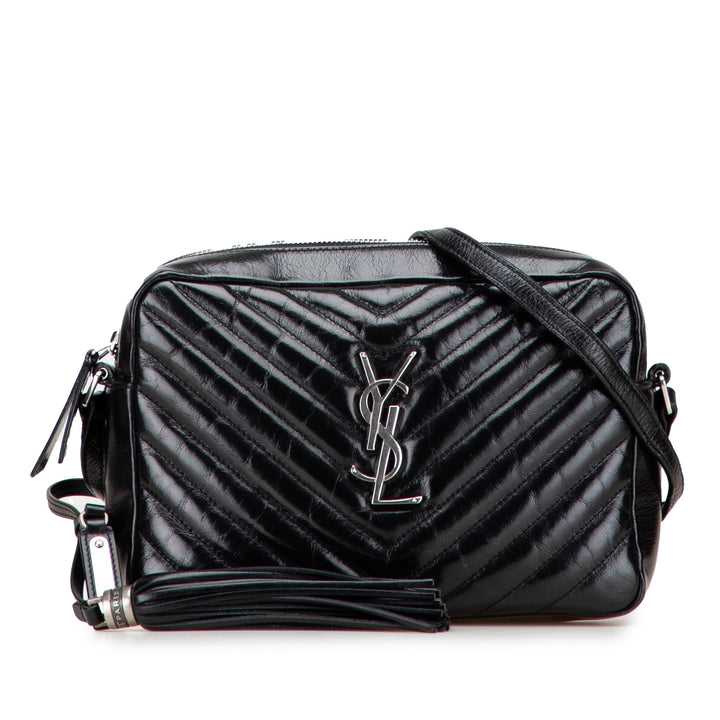 Saint Laurent Cracked Shiny Cuir de veau Matelasse Tassel Monogram Lou Sac caméra Noir