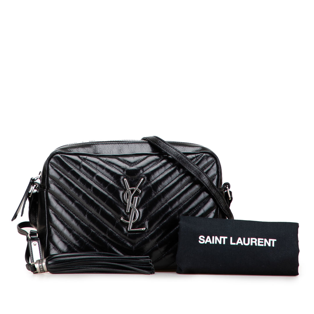 Saint Laurent Cracked Shiny Cuir de veau Matelasse Tassel Monogram Lou Sac caméra Noir