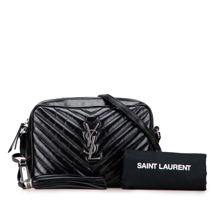 Saint Laurent Cracked Shiny Cuir de veau Matelasse Tassel Monogram Lou Sac caméra Noir