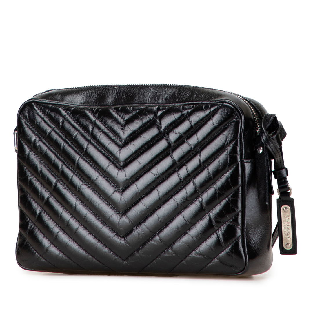 Saint Laurent Cracked Shiny Cuir de veau Matelasse Tassel Monogram Lou Sac caméra Noir