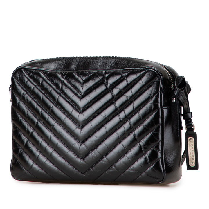 Saint Laurent Cracked Shiny Cuir de veau Matelasse Tassel Monogram Lou Sac caméra Noir