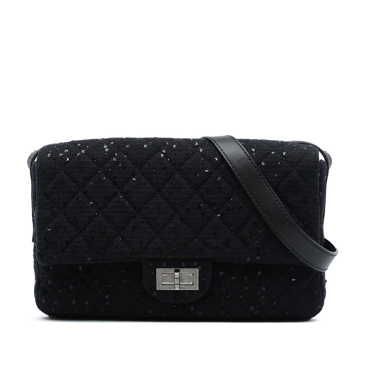 Sequins Orné Matelassé Reissue 2.55 Messenger à rabat Jumbo Tweed Noir