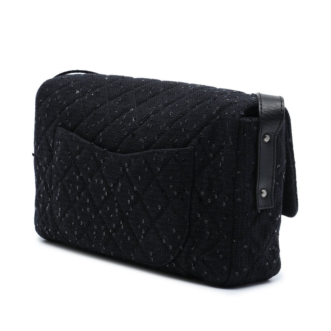 Sequins Orné Matelassé Reissue 2.55 Messenger à rabat Jumbo Tweed Noir