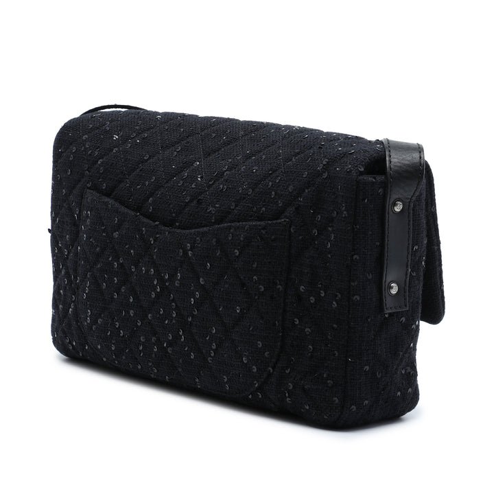 Sequins Orné Matelassé Reissue 2.55 Messenger à rabat Jumbo Tweed Noir