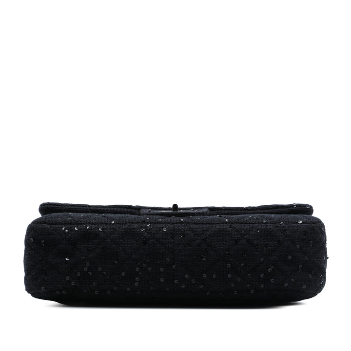 Sequins Orné Matelassé Reissue 2.55 Messenger à rabat Jumbo Tweed Noir
