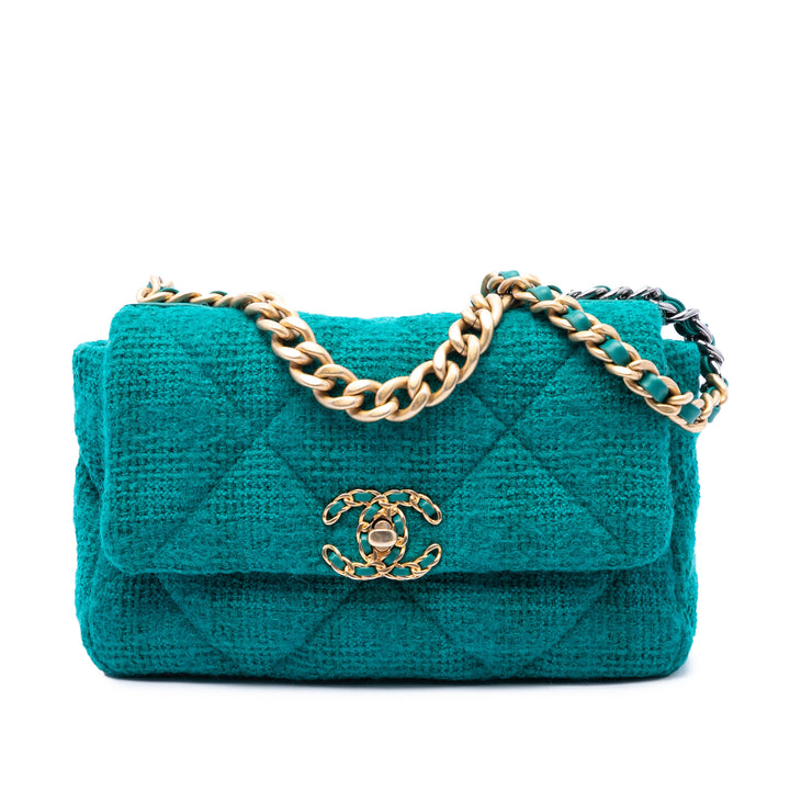Chanel 19 à rabat Moyen Tweed Bleu