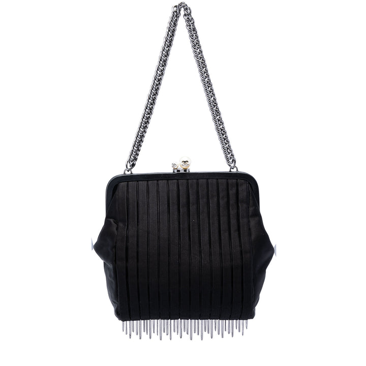 Chanel Pleated Satin Frame Perle Chain Fringe Sac bandoulière