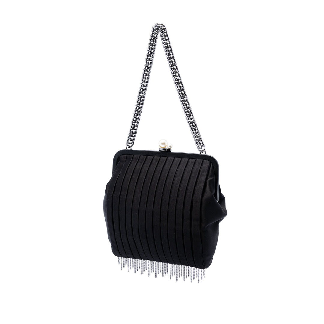 Chanel Pleated Satin Frame Perle Chain Fringe Sac bandoulière