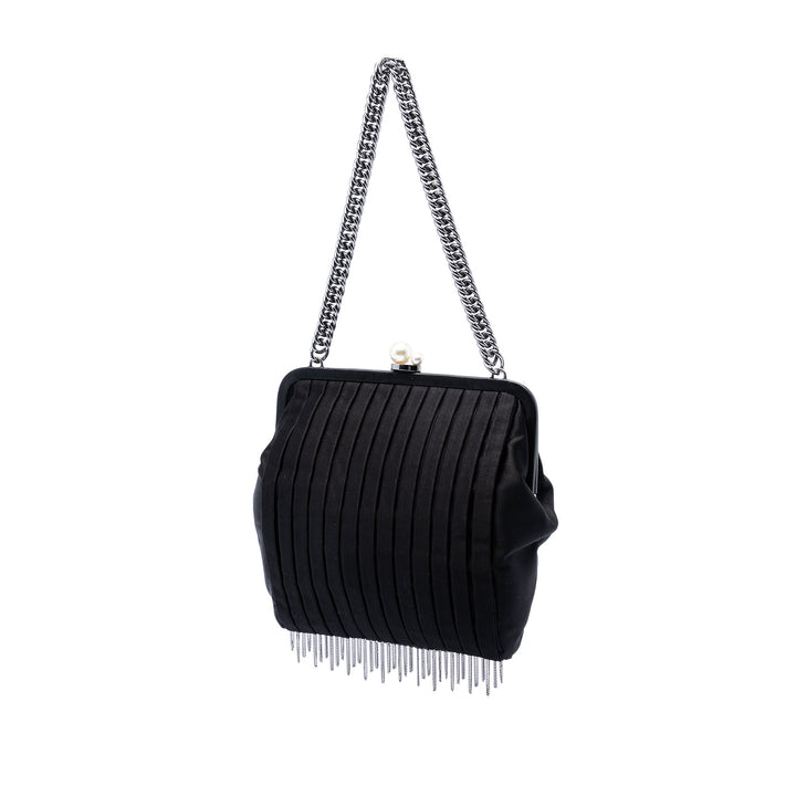 Chanel Pleated Satin Frame Perle Chain Fringe Sac bandoulière