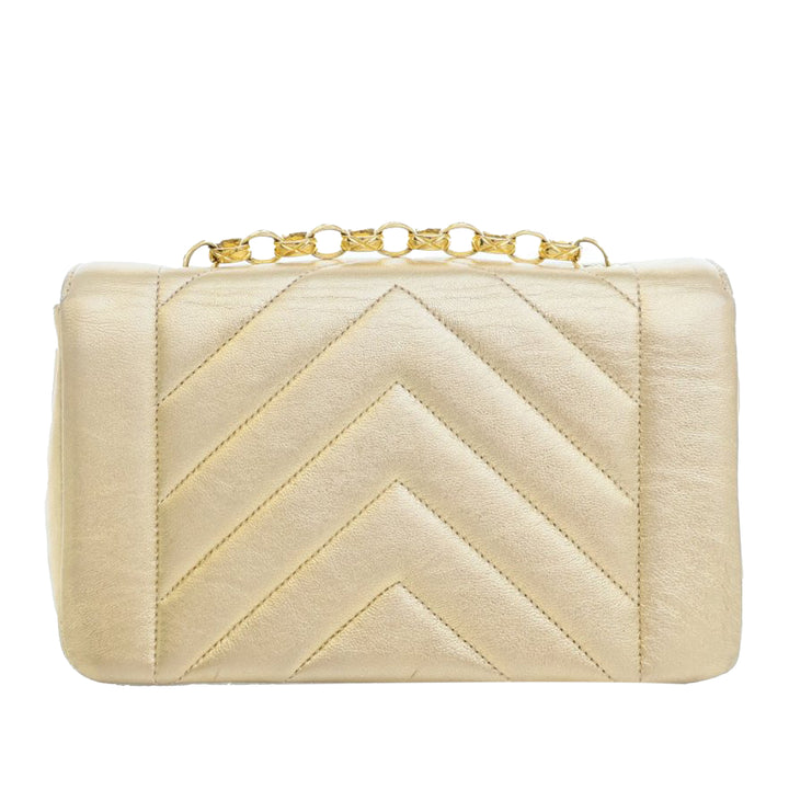 Small Chevron Metallic Lambskin V Stitch Bijoux Flap Gold - Gaby Paris