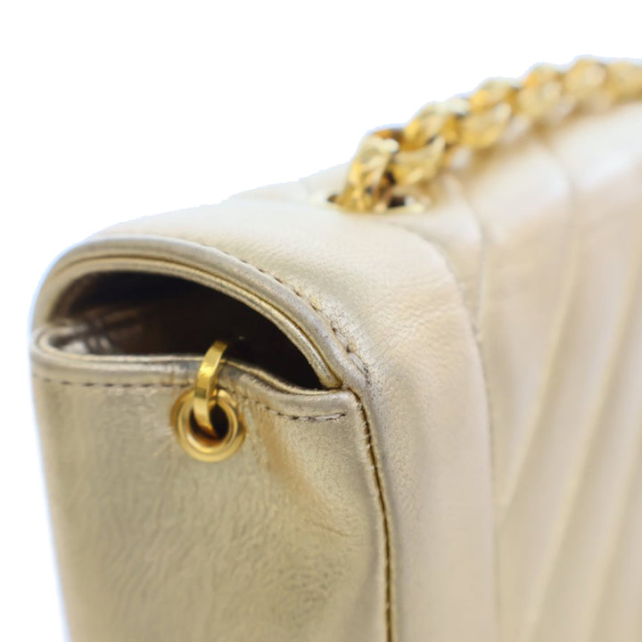 Small Chevron Metallic Lambskin V Stitch Bijoux Flap Gold - Gaby Paris