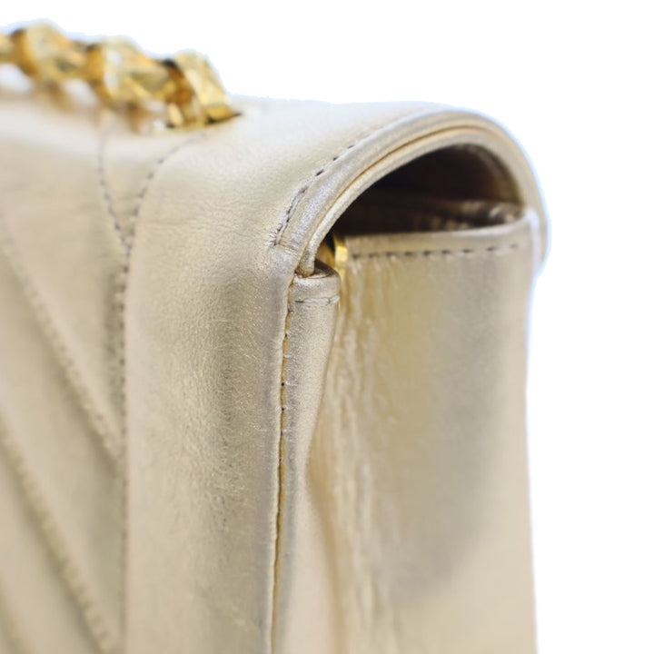 Small Chevron Metallic Lambskin V Stitch Bijoux Flap Gold - Gaby Paris