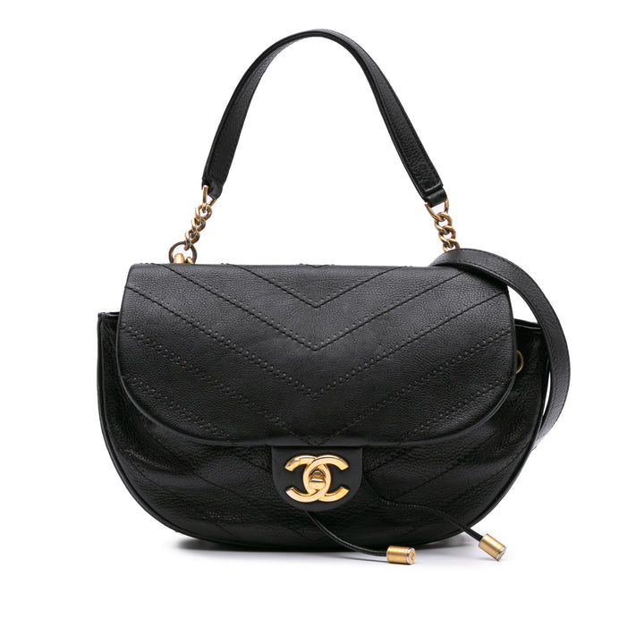 Chanel CC Chevron Cuir d’agneau Round Flap Sac cartable Noir – GABY PARIS Authentique