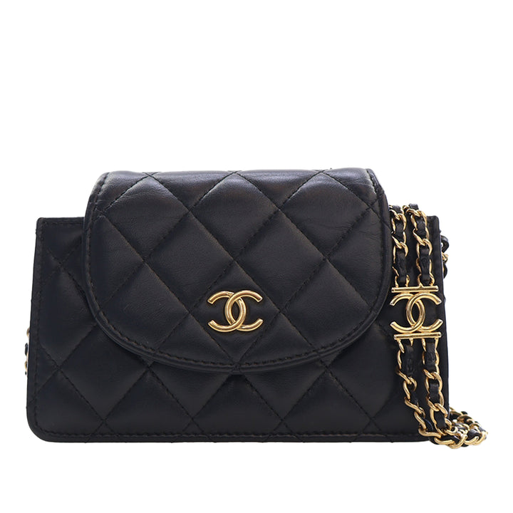 Chanel CC Matelassé Étui téléphone avec chaîne Mini Cuir d'agneau Noir