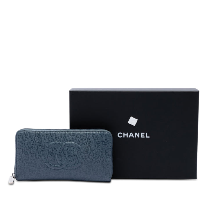 CC Portefeuille long zippé Cuir caviar Bleu