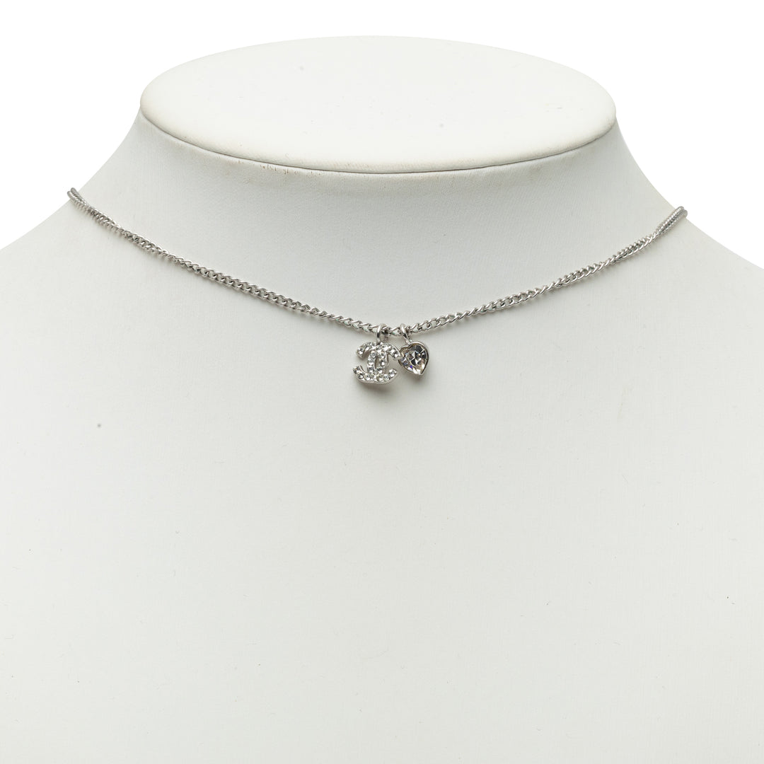 CC Brass Strass Heart Pendant Collier Mini Argenté