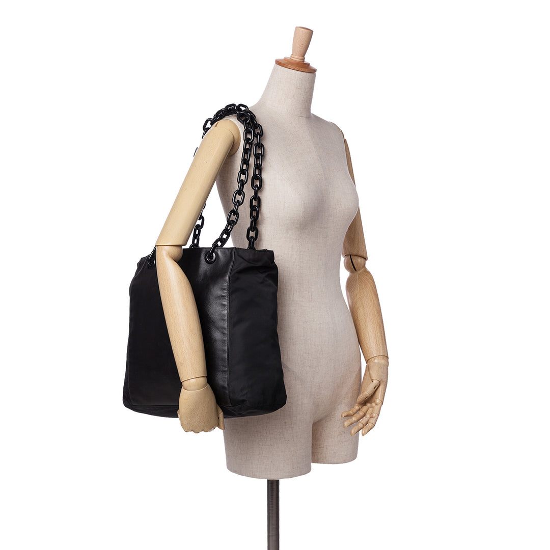Prada Tessuto and Cuir Chain Cabas Noir