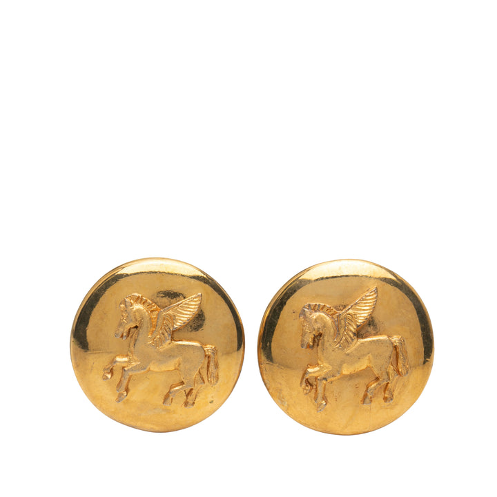 Hermès Doré Plated Pegasus Round Clip on Boucle d’oreilles Doré