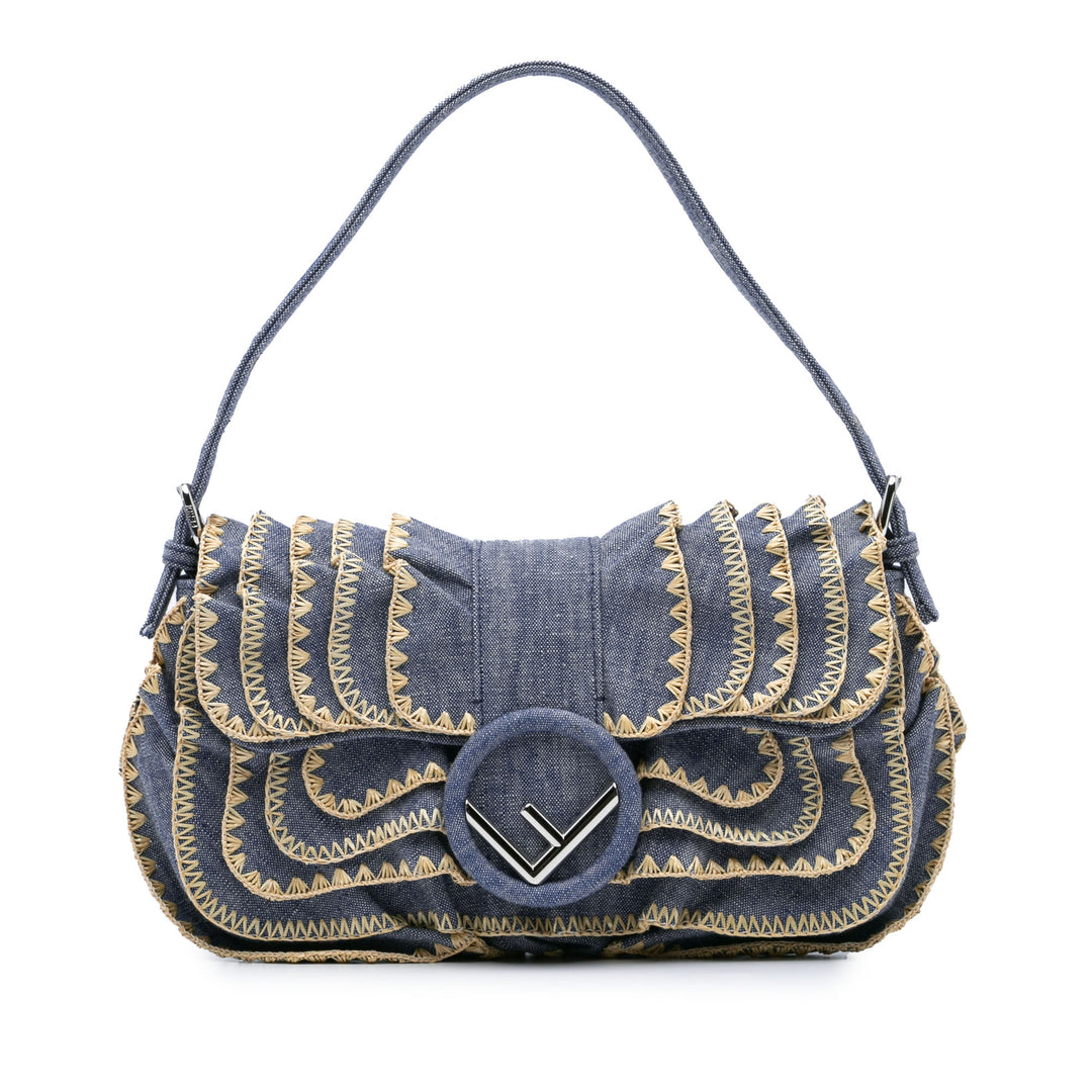 Embroidered Denim Ruffled F is Fendi Kan I Baguette Blue - Gaby Paris
