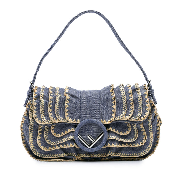 Embroidered Denim Ruffled F is Fendi Kan I Baguette Blue - Gaby Paris