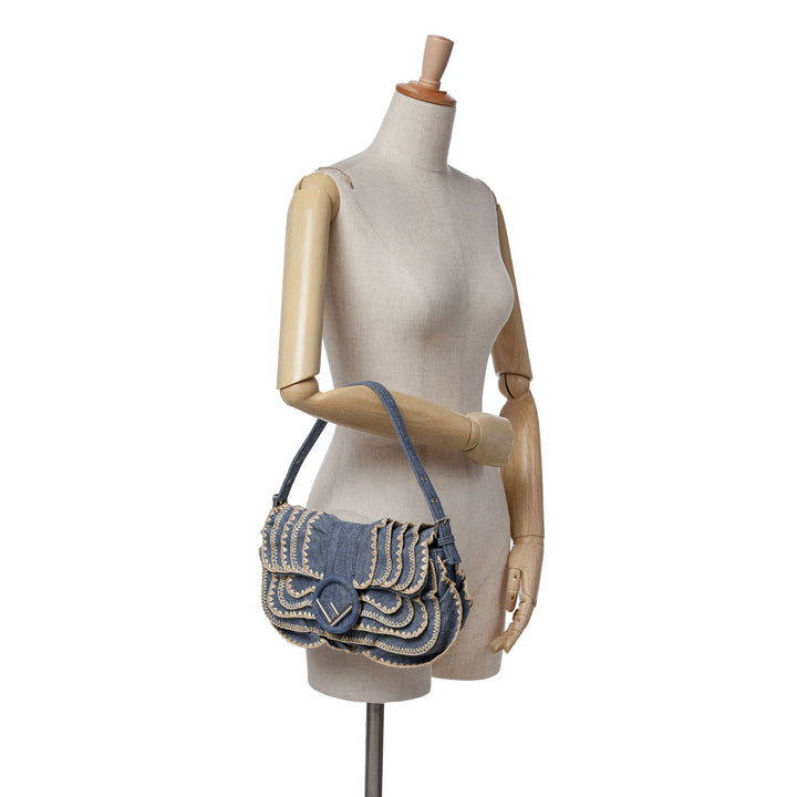 Embroidered Denim Ruffled F is Fendi Kan I Baguette Blue - Gaby Paris