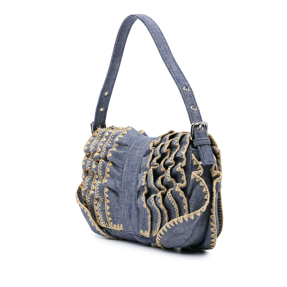 Embroidered Denim Ruffled F is Fendi Kan I Baguette Blue - Gaby Paris