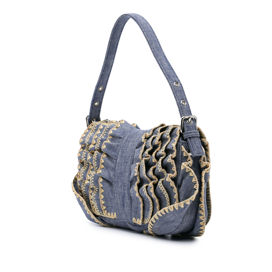 Embroidered Denim Ruffled F is Fendi Kan I Baguette Blue - Gaby Paris