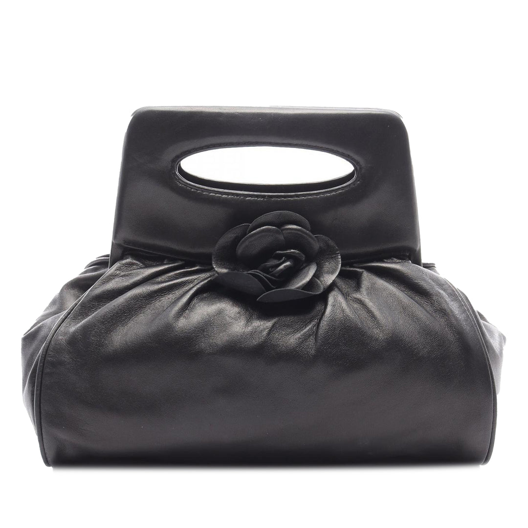 Lambskin Camellia Top Handle Frame Bag Black - Gaby Paris