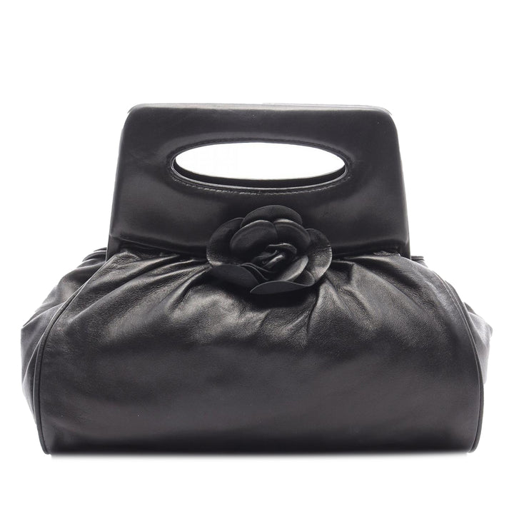 Lambskin Camellia Top Handle Frame Bag Black - Gaby Paris