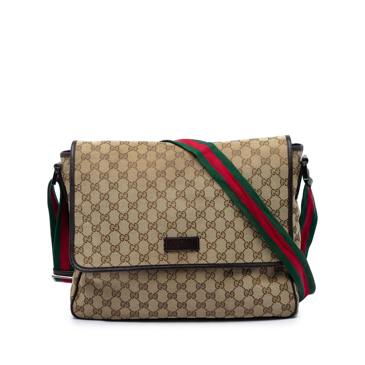 Gucci Sac bandoulière GG Web à rabat Messenger Beige – vue principale – GABY PARIS