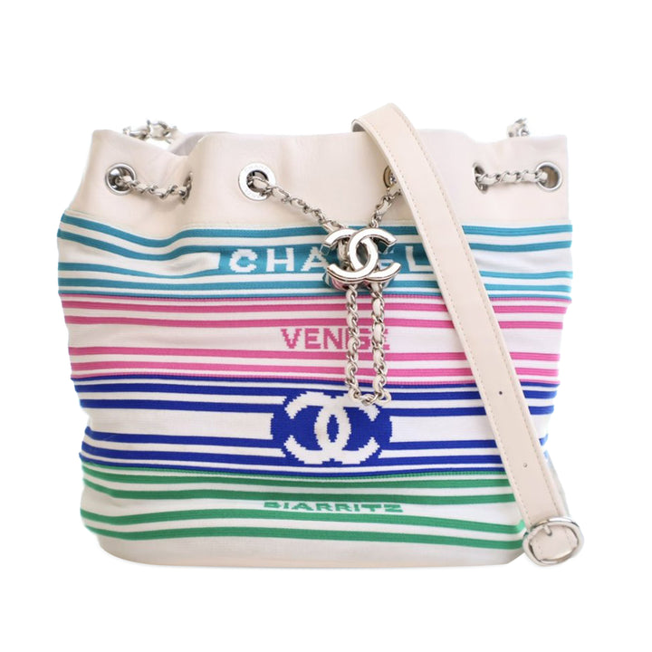 Mixed Fibers and Aged Calfskin Venise Biarritz Bucket Bag White - Gaby Paris