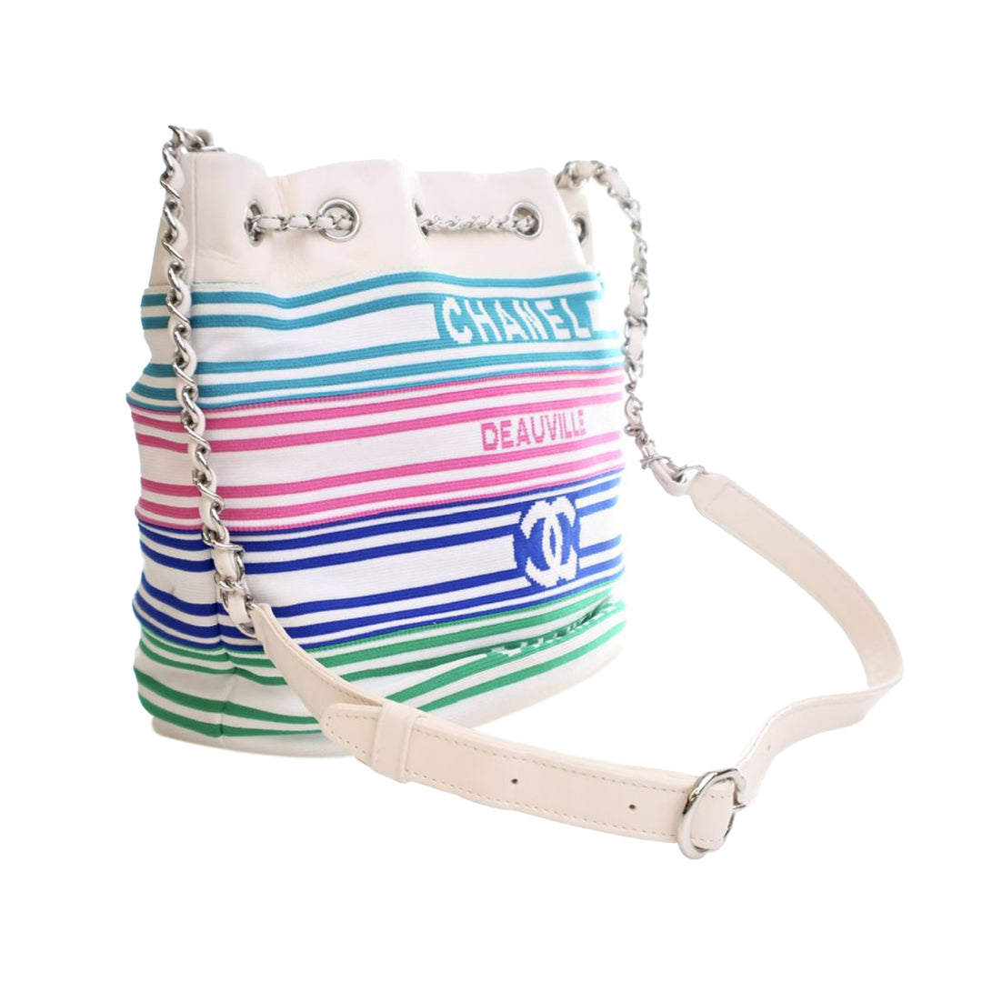 Mixed Fibers and Aged Calfskin Venise Biarritz Bucket Bag White - Gaby Paris