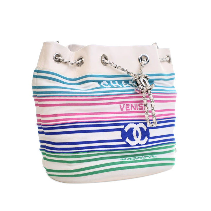 Mixed Fibers and Aged Calfskin Venise Biarritz Bucket Bag White - Gaby Paris