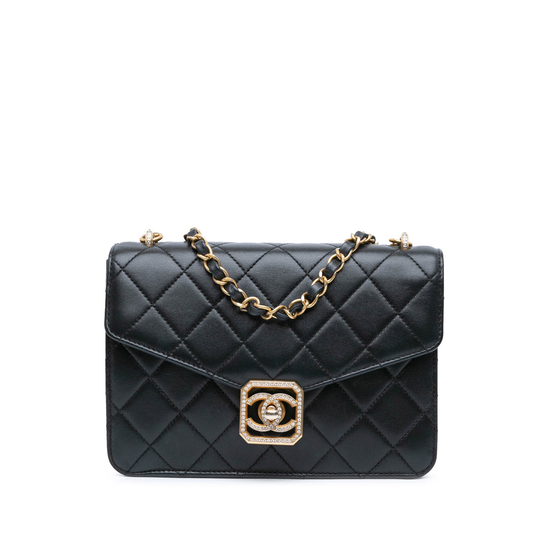 Quilted Lambskin Crystal Geometric CC Frame Flap Black - Gaby Paris