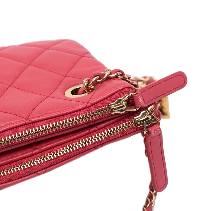 Quilted Lambskin Double Case with Chain Pink - Gaby Paris