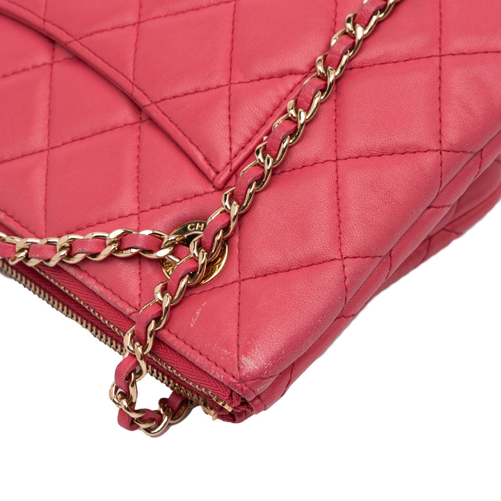 Quilted Lambskin Double Case with Chain Pink - Gaby Paris