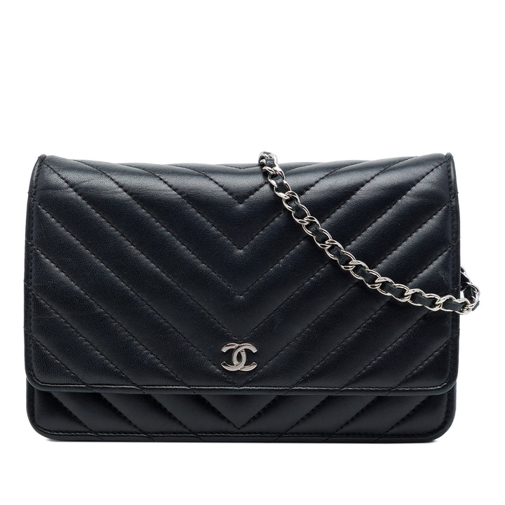 Chanel CC Chevron Wallet on Chain Cuir d'agneau Noir – vue principale – GABY PARIS