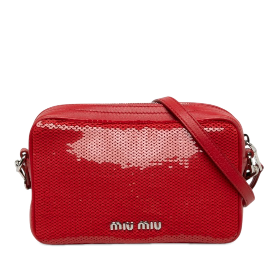 Miu Miu Sequinss Paillettes et Logo Sac Cuir de veau Rouge – vue principale – GABY PARIS