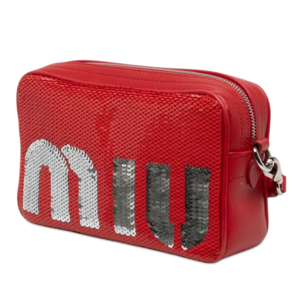 Miu Miu Sequinss Paillettes et Logo Sac Cuir de veau Rouge – vue 2 – GABY PARIS