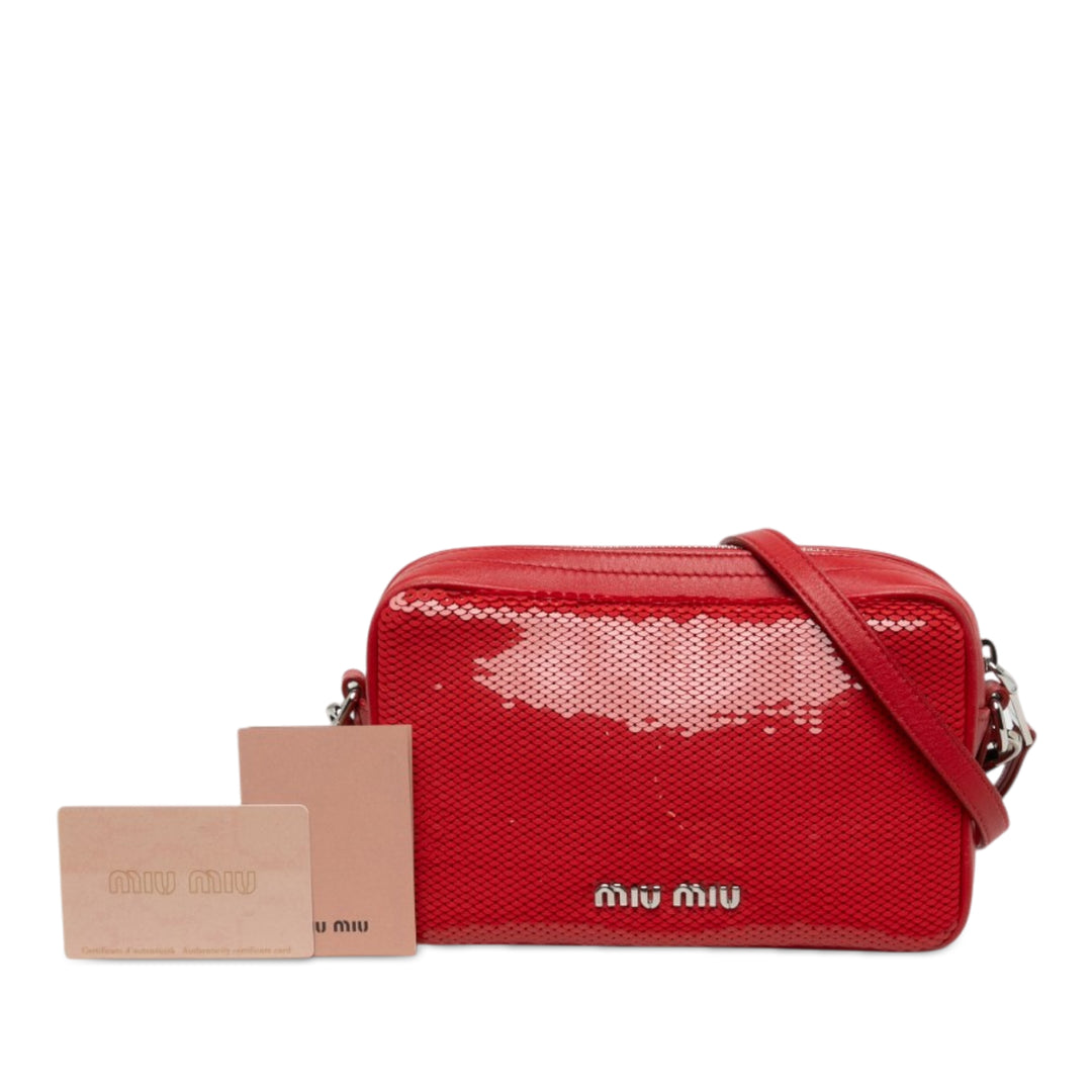 Miu Miu Sequinss Paillettes et Logo Sac Cuir de veau Rouge – vue 6 – GABY PARIS