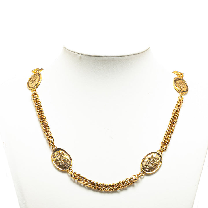 Gold Plated Crown and CC Medallion Station Necklace Gold - Gaby Paris