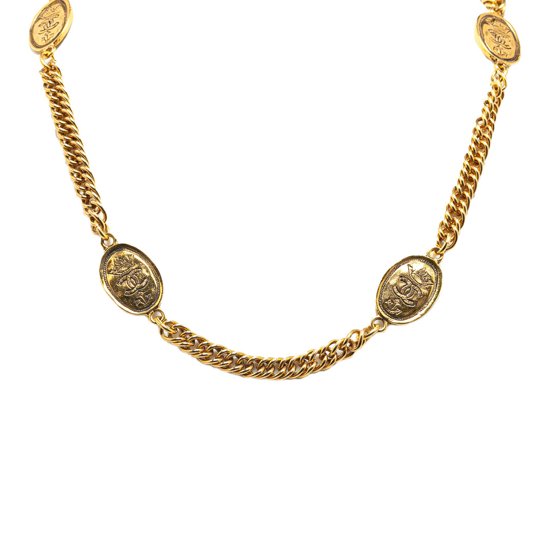 Gold Plated Crown and CC Medallion Station Necklace Gold - Gaby Paris