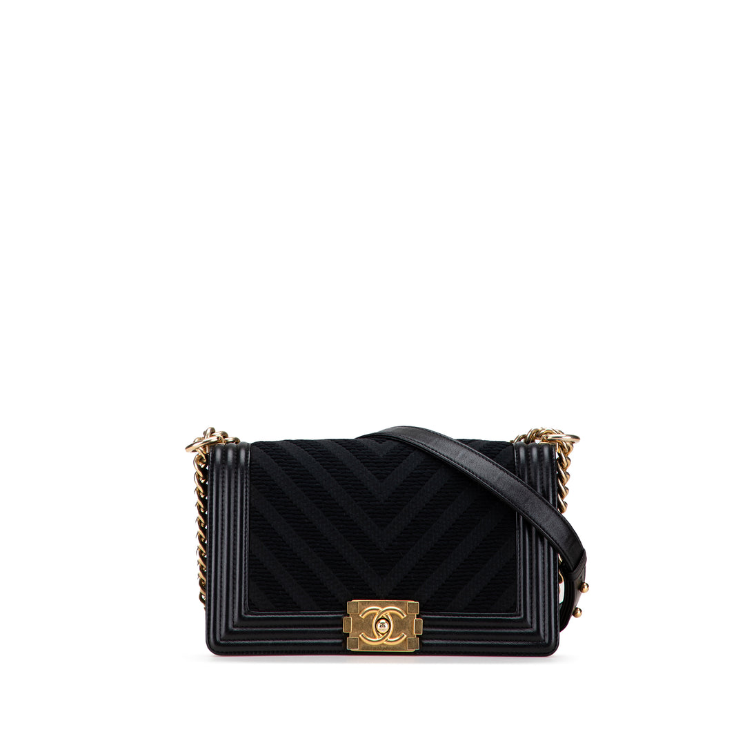Old Medium Braided Chevron Cotton and Lambskin Boy Flap Black - Gaby Paris