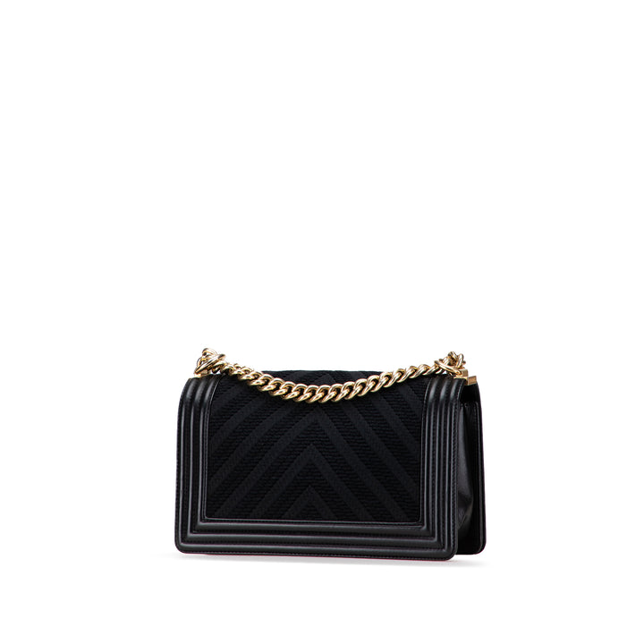 Old Medium Braided Chevron Cotton and Lambskin Boy Flap Black - Gaby Paris