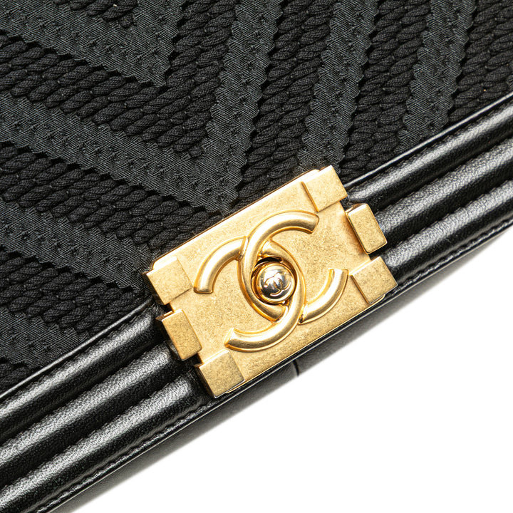 Old Medium Braided Chevron Cotton and Lambskin Boy Flap Black - Gaby Paris