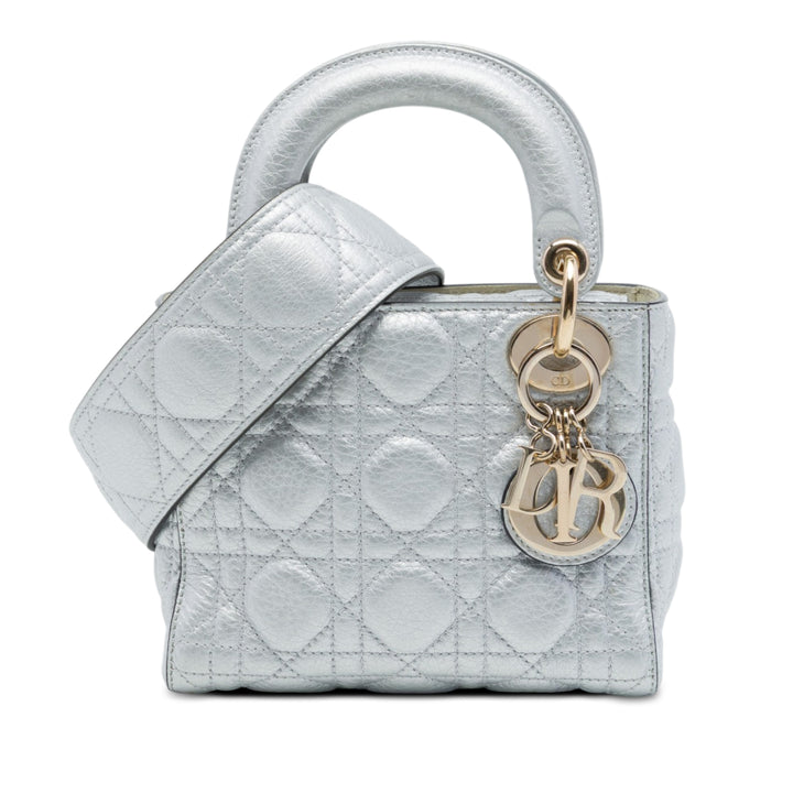 Dior Lady Dior Métallisé Cannage Souple Mini Cuir de veau Argenté – vue principale – GABY PARIS